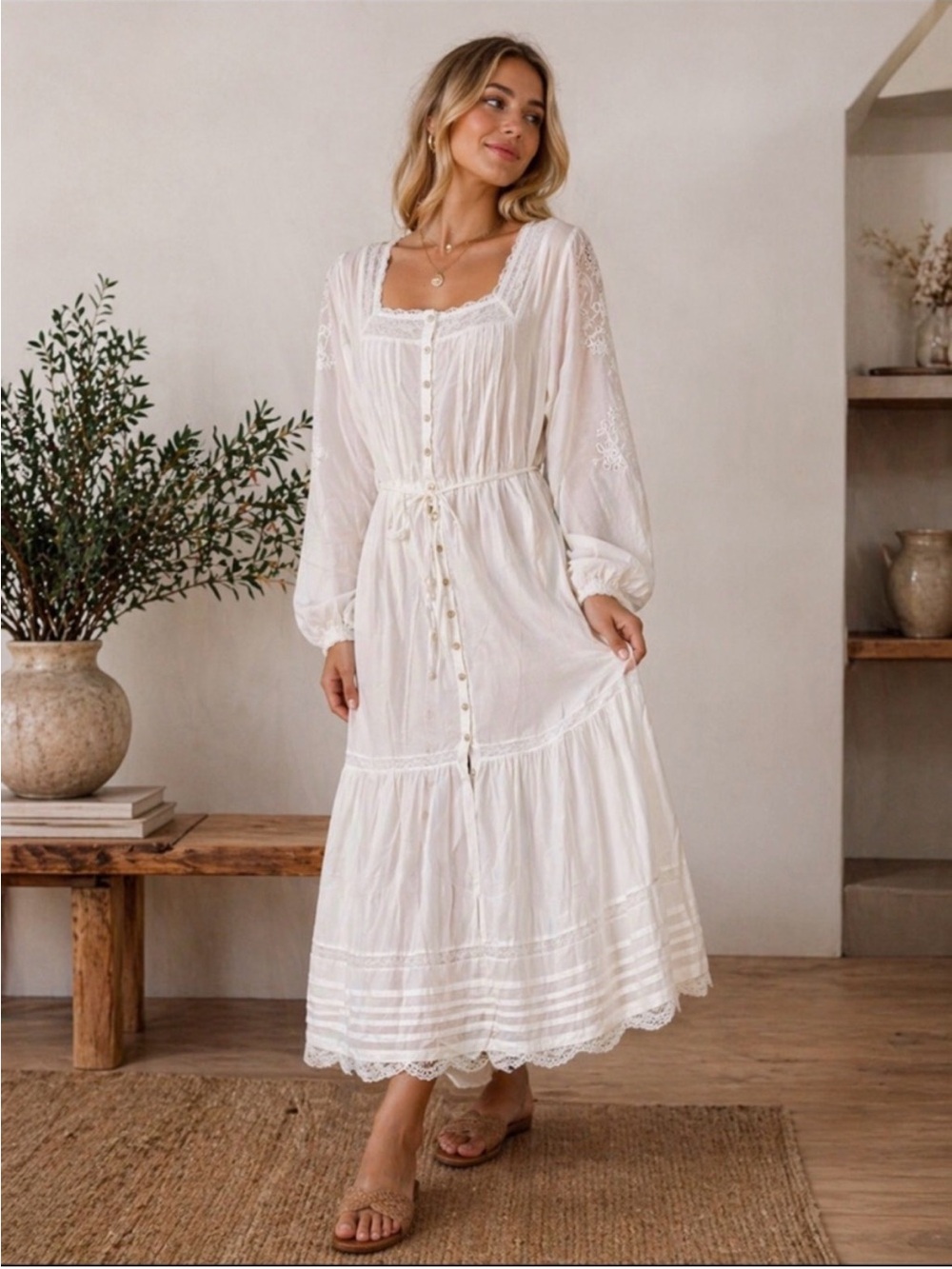 🆕 Caroline Constas White Square-Neck Button Front Prairie Midi Dress